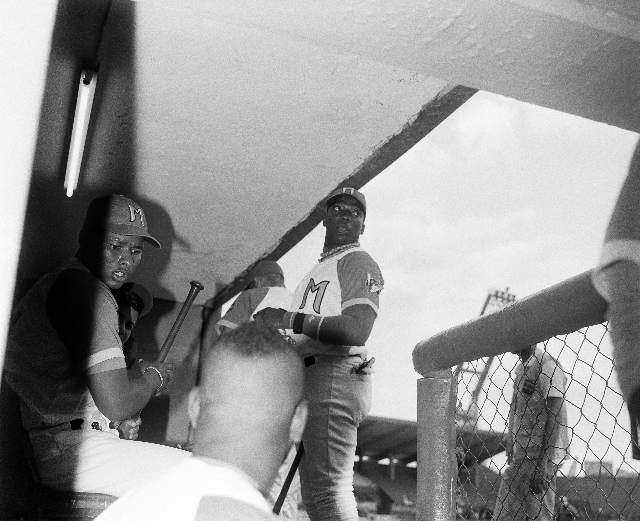 Black and white photo of baseball players in the dugout.